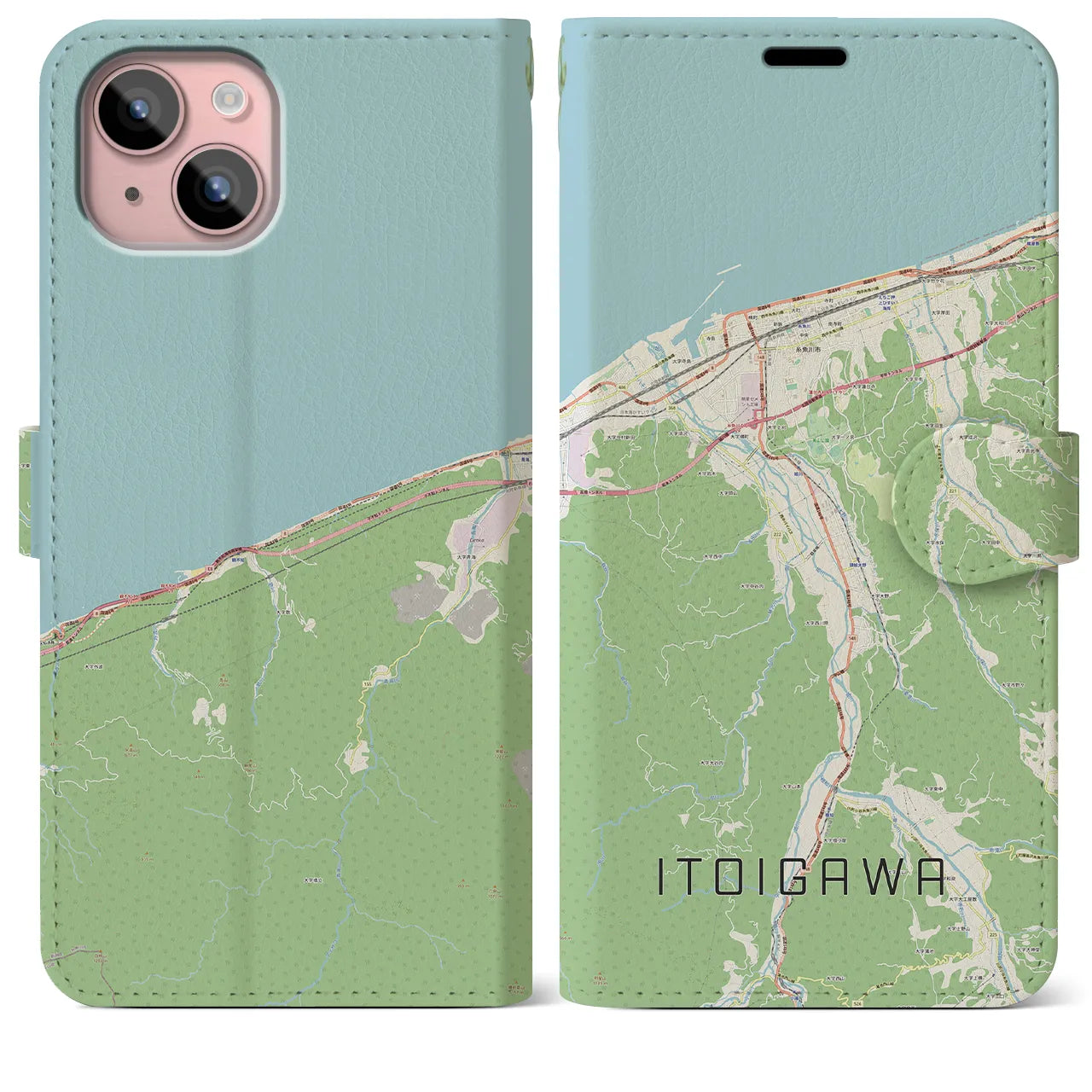 【糸魚川】地図柄iPhoneケース（手帳両面タイプ・ナチュラル）iPhone 15 Plus 用