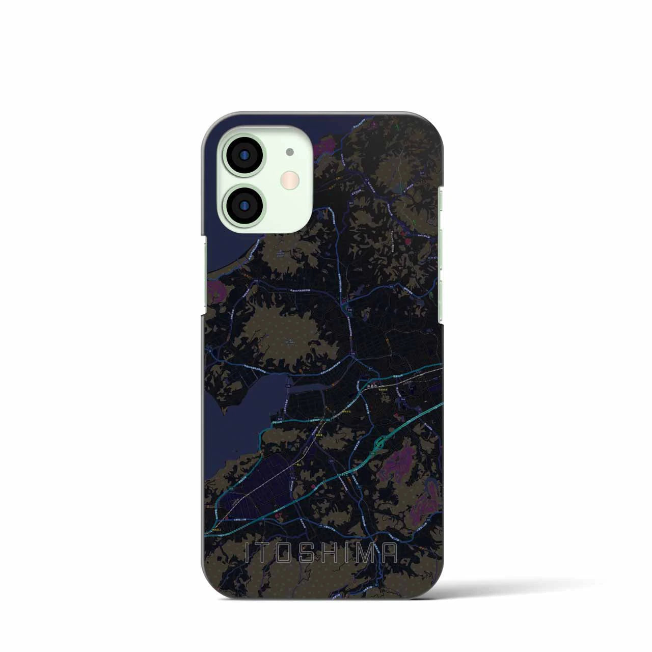 【糸島】地図柄iPhoneケース（バックカバータイプ・ブラック）iPhone 12 mini 用