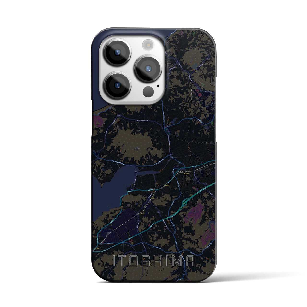 【糸島】地図柄iPhoneケース（バックカバータイプ・ブラック）iPhone 14 Pro 用