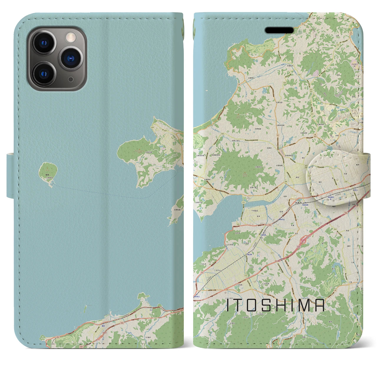【糸島】地図柄iPhoneケース（手帳両面タイプ・ナチュラル）iPhone 11 Pro Max 用