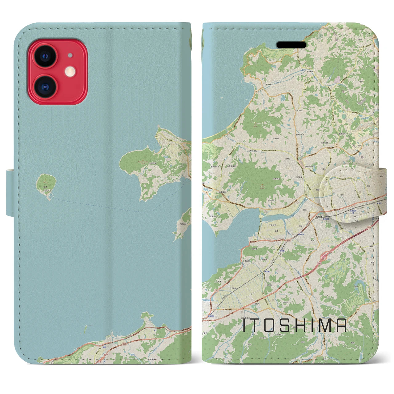 【糸島】地図柄iPhoneケース（手帳両面タイプ・ナチュラル）iPhone 11 用
