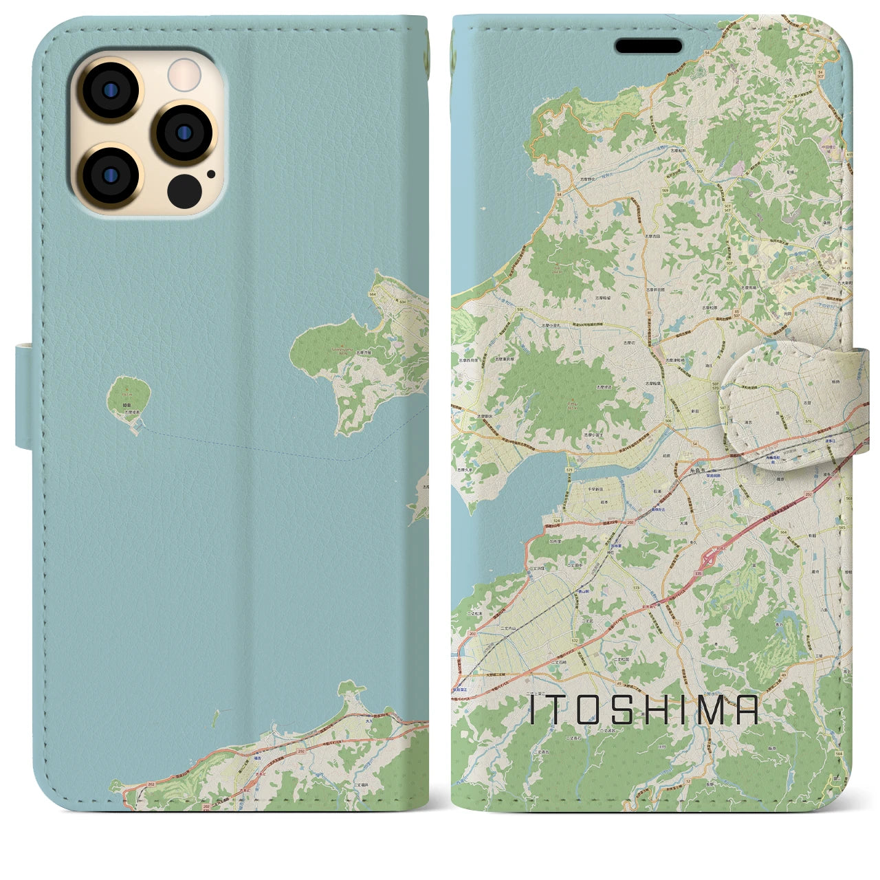 【糸島】地図柄iPhoneケース（手帳両面タイプ・ナチュラル）iPhone 12 Pro Max 用