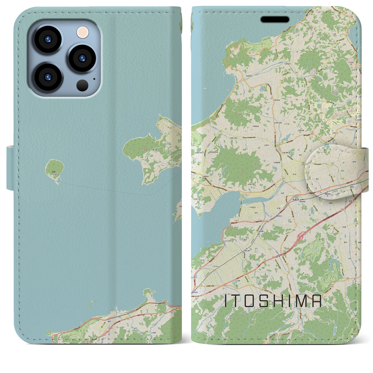 【糸島】地図柄iPhoneケース（手帳両面タイプ・ナチュラル）iPhone 13 Pro Max 用