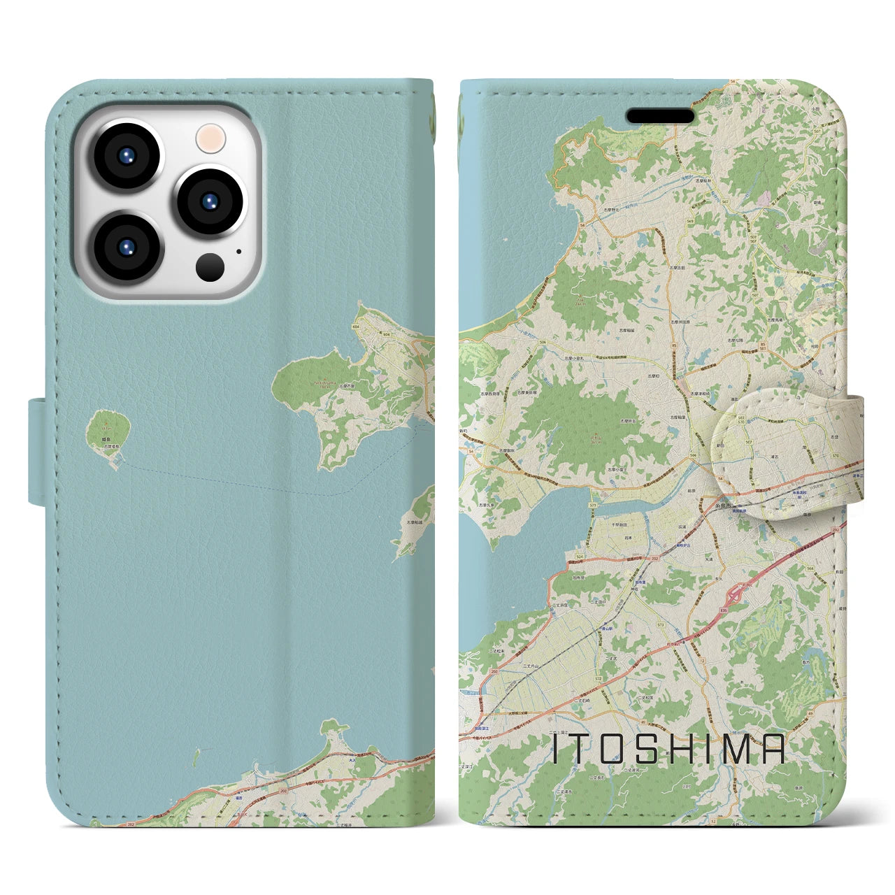 【糸島】地図柄iPhoneケース（手帳両面タイプ・ナチュラル）iPhone 13 Pro 用