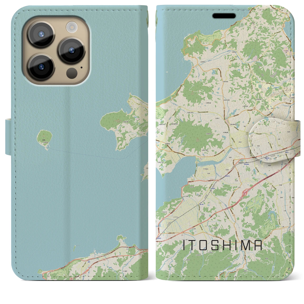 【糸島】地図柄iPhoneケース（手帳両面タイプ・ナチュラル）iPhone 14 Pro Max 用
