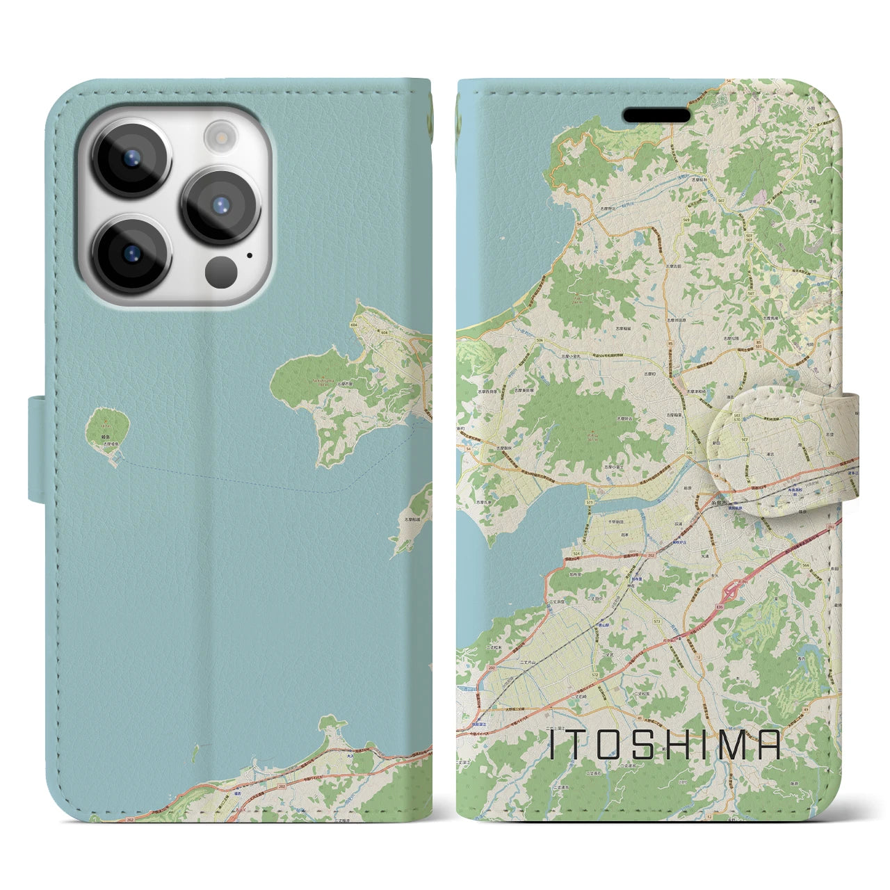 【糸島】地図柄iPhoneケース（手帳両面タイプ・ナチュラル）iPhone 14 Pro 用