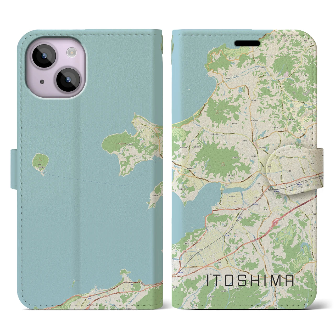 【糸島】地図柄iPhoneケース（手帳両面タイプ・ナチュラル）iPhone 14 用