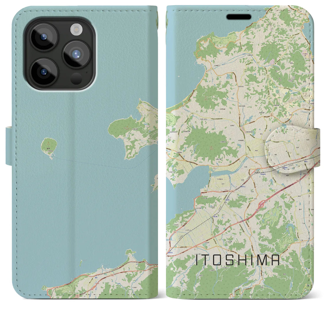 【糸島】地図柄iPhoneケース（手帳両面タイプ・ナチュラル）iPhone 15 Pro Max 用