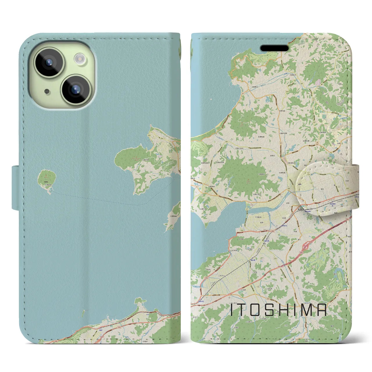 【糸島】地図柄iPhoneケース（手帳両面タイプ・ナチュラル）iPhone 15 用