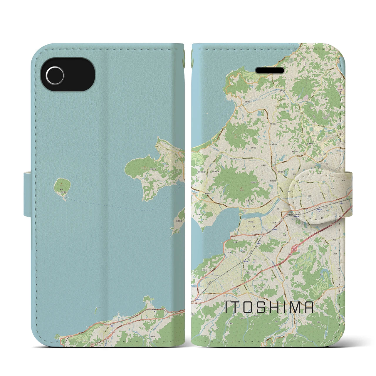 【糸島】地図柄iPhoneケース（手帳両面タイプ・ナチュラル）iPhone SE（第3 / 第2世代） / 8 / 7 / 6s / 6 用