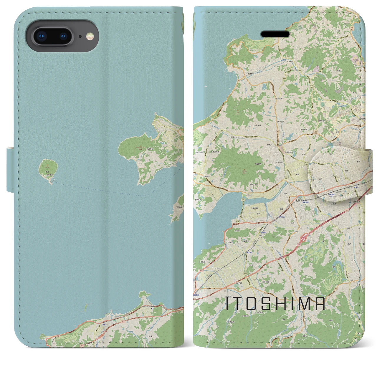 【糸島】地図柄iPhoneケース（手帳両面タイプ・ナチュラル）iPhone 8Plus /7Plus / 6sPlus / 6Plus 用