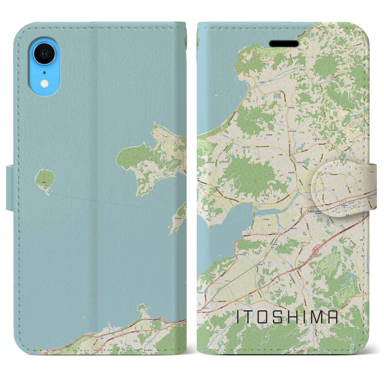 【糸島】地図柄iPhoneケース（手帳両面タイプ・ナチュラル）iPhone XR 用