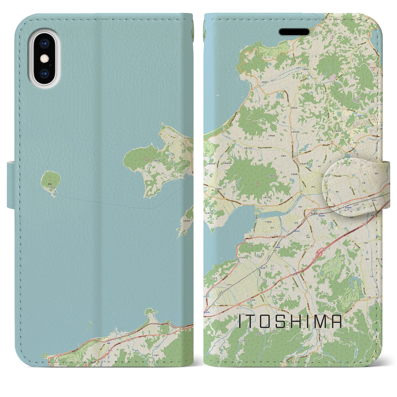 【糸島】地図柄iPhoneケース（手帳両面タイプ・ナチュラル）iPhone XS Max 用