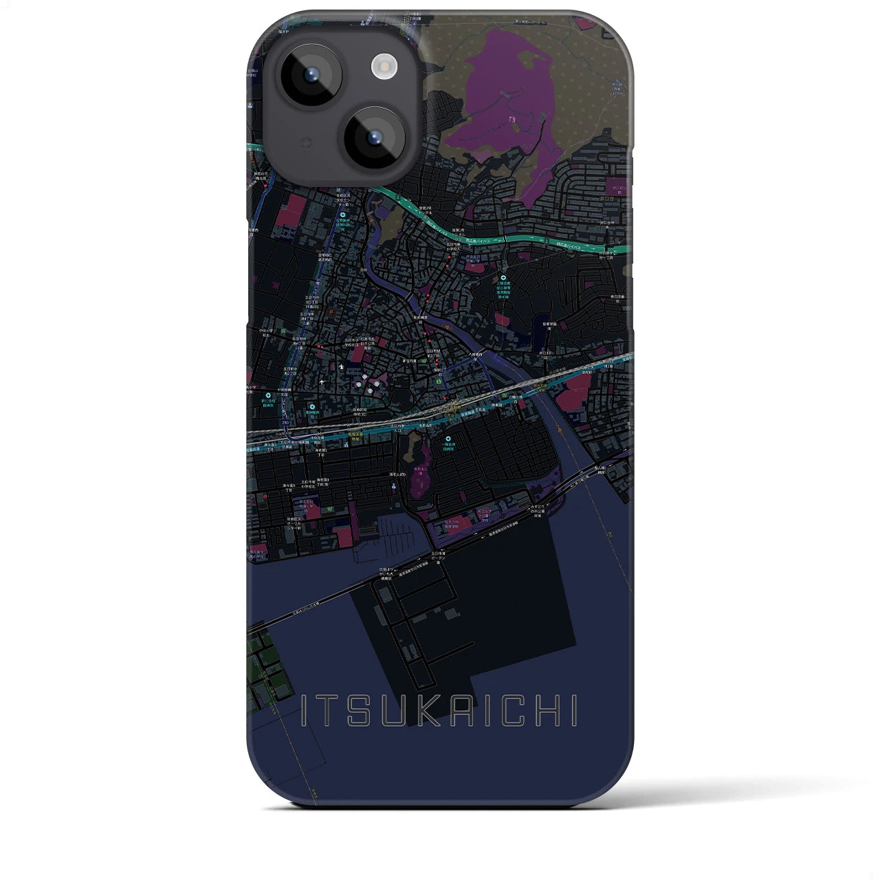 【五日市（広島県）】地図柄iPhoneケース（バックカバータイプ・ブラック）iPhone 14 Plus 用