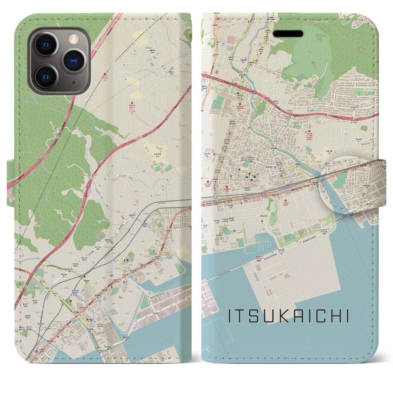 【五日市（広島県）】地図柄iPhoneケース（手帳両面タイプ・ナチュラル）iPhone 11 Pro Max 用