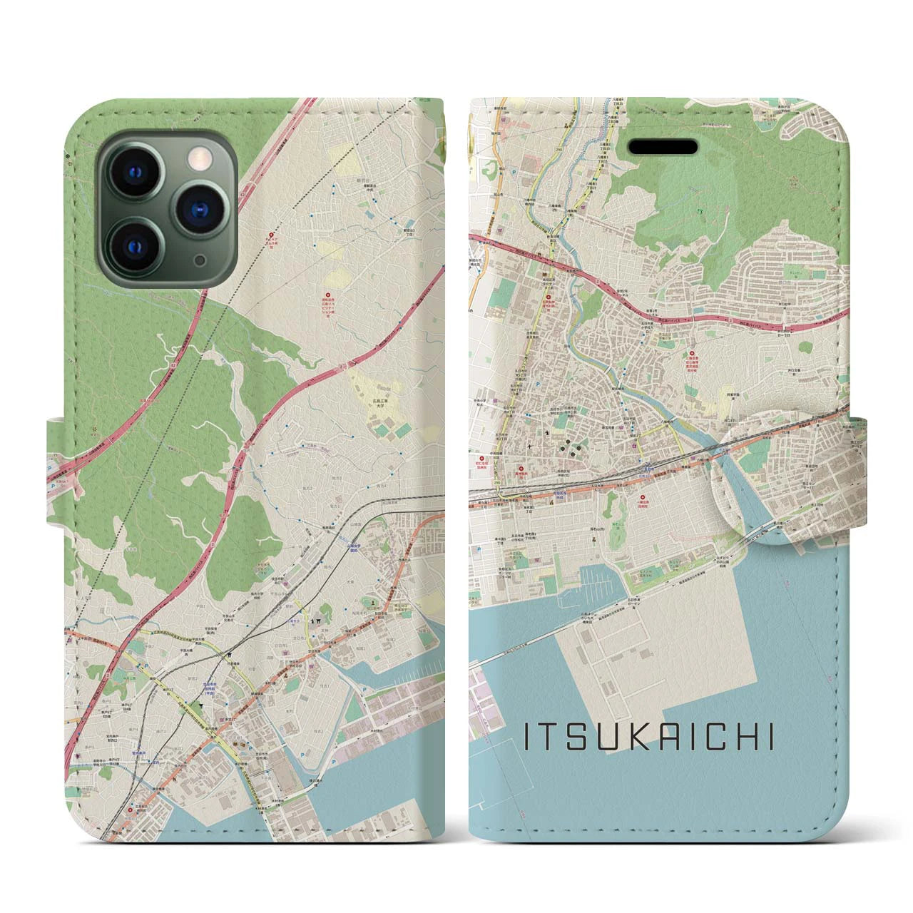【五日市（広島県）】地図柄iPhoneケース（手帳両面タイプ・ナチュラル）iPhone 11 Pro 用