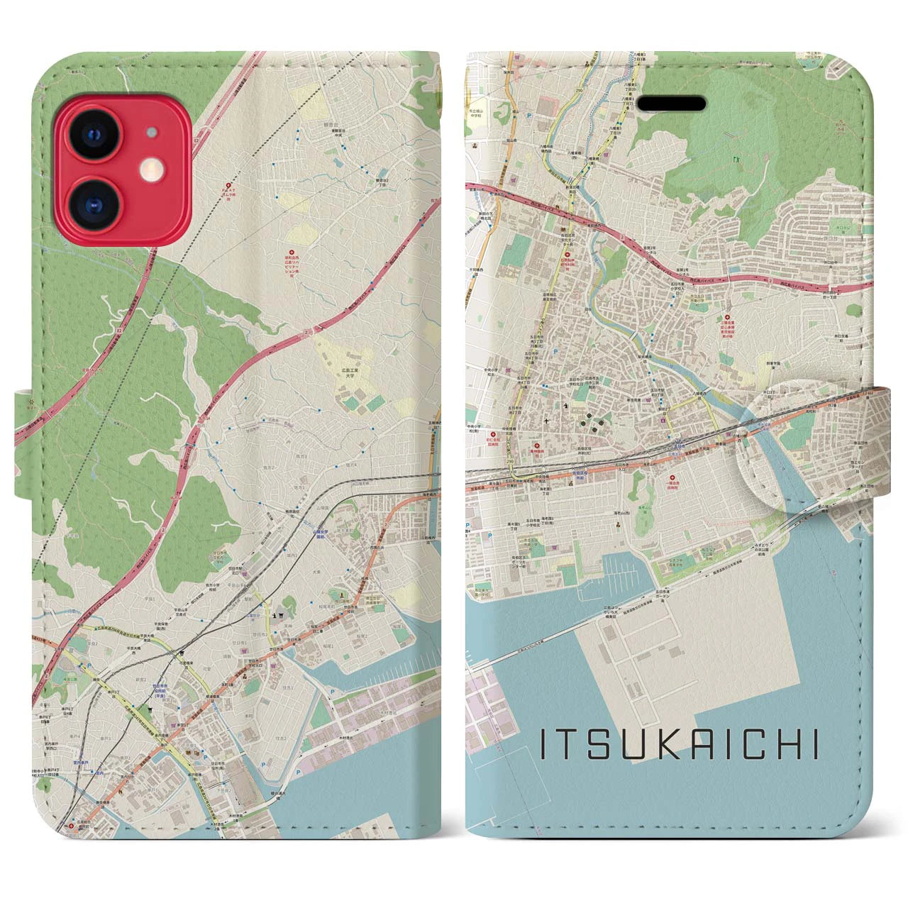 【五日市（広島県）】地図柄iPhoneケース（手帳両面タイプ・ナチュラル）iPhone 11 用