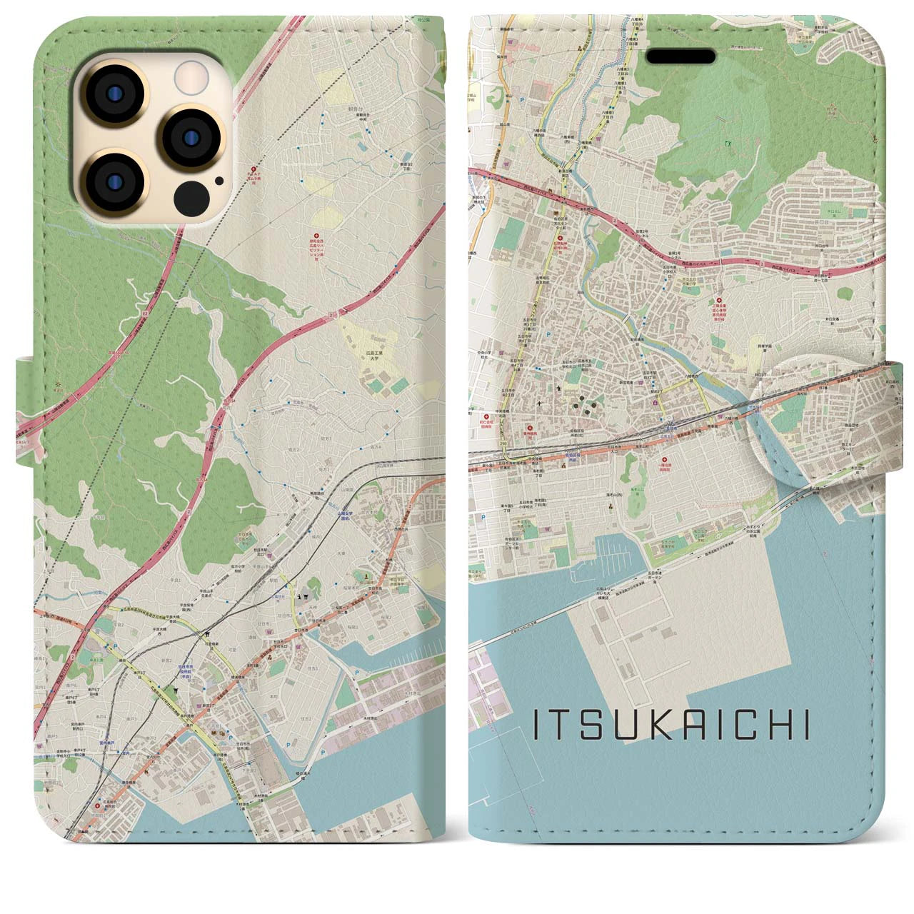 【五日市（広島県）】地図柄iPhoneケース（手帳両面タイプ・ナチュラル）iPhone 12 Pro Max 用