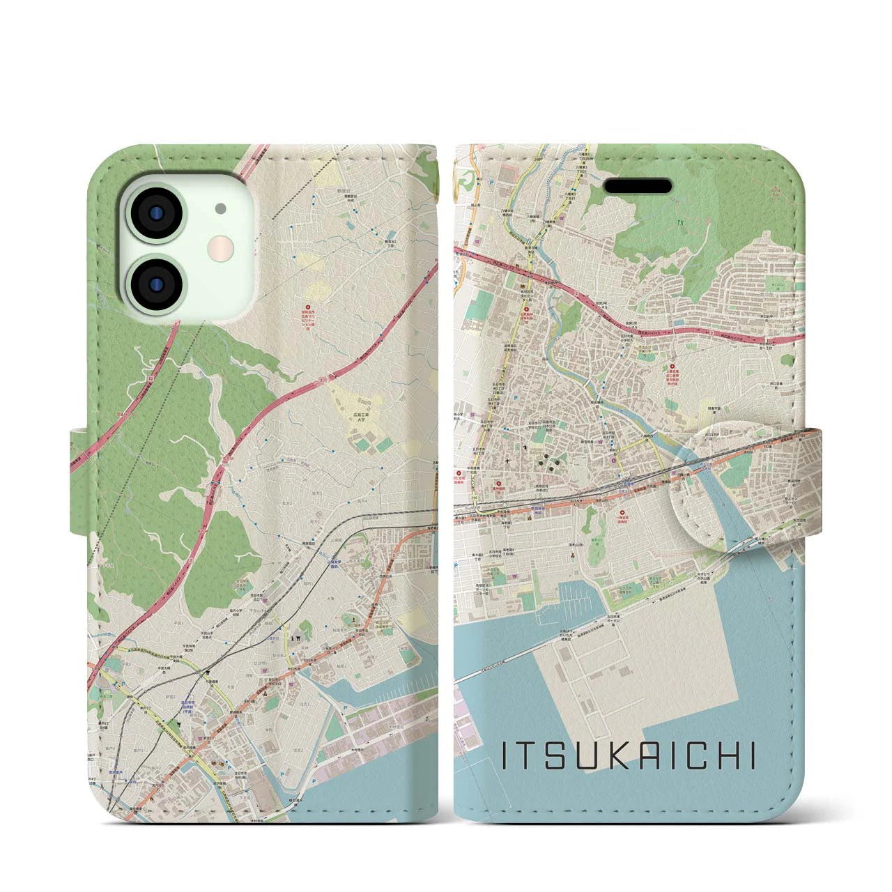 【五日市（広島県）】地図柄iPhoneケース（手帳両面タイプ・ナチュラル）iPhone 12 mini 用