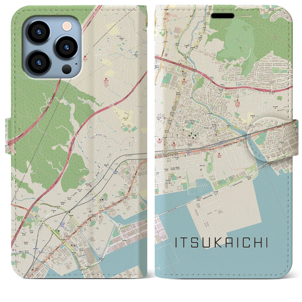 【五日市（広島県）】地図柄iPhoneケース（手帳両面タイプ・ナチュラル）iPhone 13 Pro Max 用