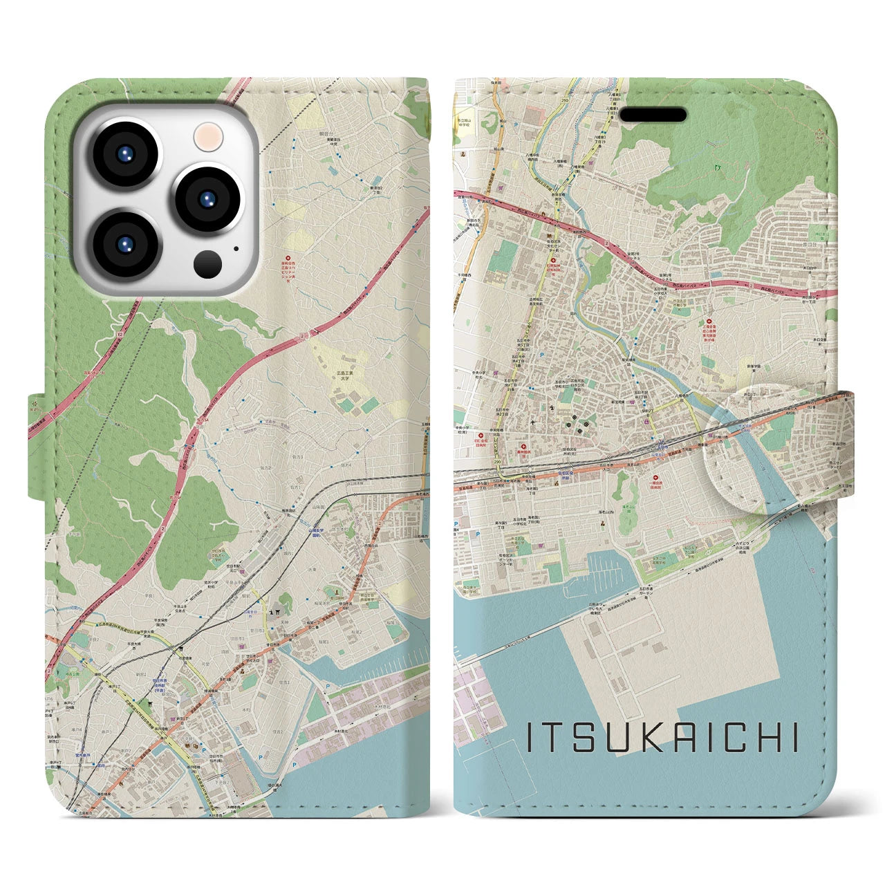 【五日市（広島県）】地図柄iPhoneケース（手帳両面タイプ・ナチュラル）iPhone 13 Pro 用