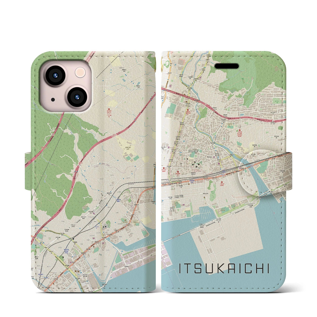 【五日市（広島県）】地図柄iPhoneケース（手帳両面タイプ・ナチュラル）iPhone 13 mini 用