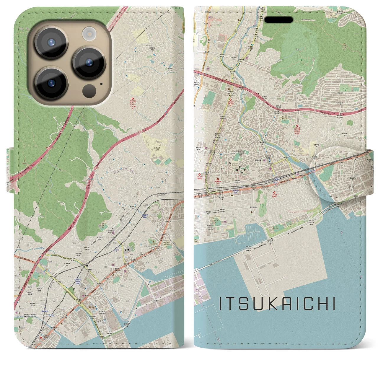 【五日市（広島県）】地図柄iPhoneケース（手帳両面タイプ・ナチュラル）iPhone 14 Pro Max 用