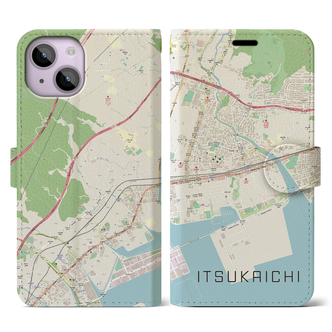 【五日市（広島県）】地図柄iPhoneケース（手帳両面タイプ・ナチュラル）iPhone 14 用