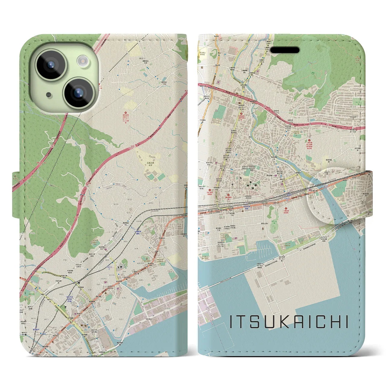 【五日市（広島県）】地図柄iPhoneケース（手帳両面タイプ・ナチュラル）iPhone 15 用