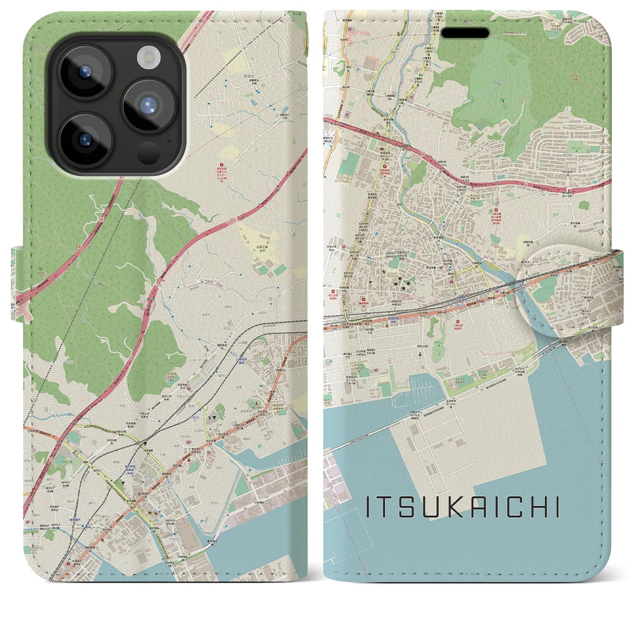 【五日市（広島県）】地図柄iPhoneケース（手帳両面タイプ・ナチュラル）iPhone 15 Pro Max 用