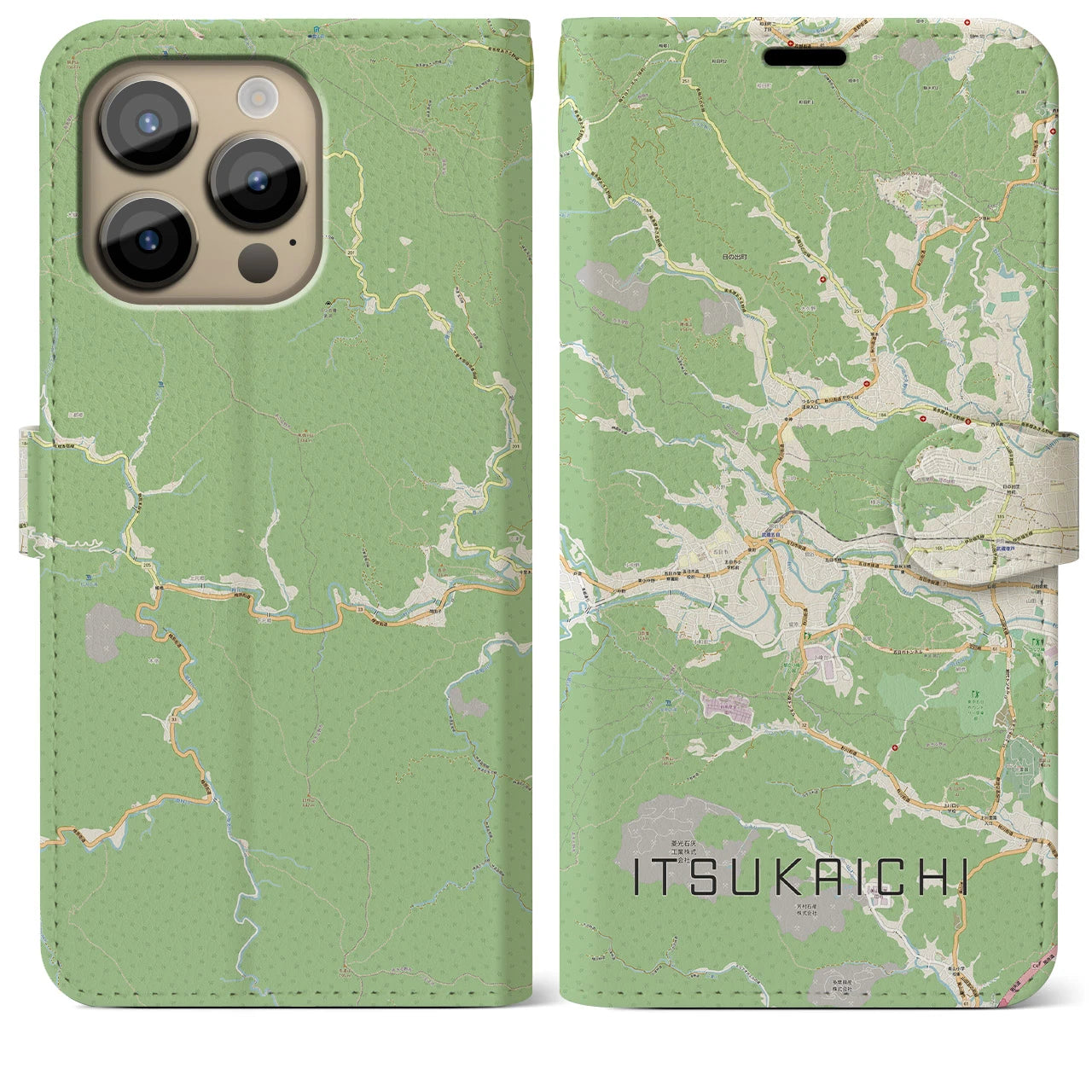 【五日市】地図柄iPhoneケース（手帳両面タイプ・ナチュラル）iPhone 14 Pro Max 用