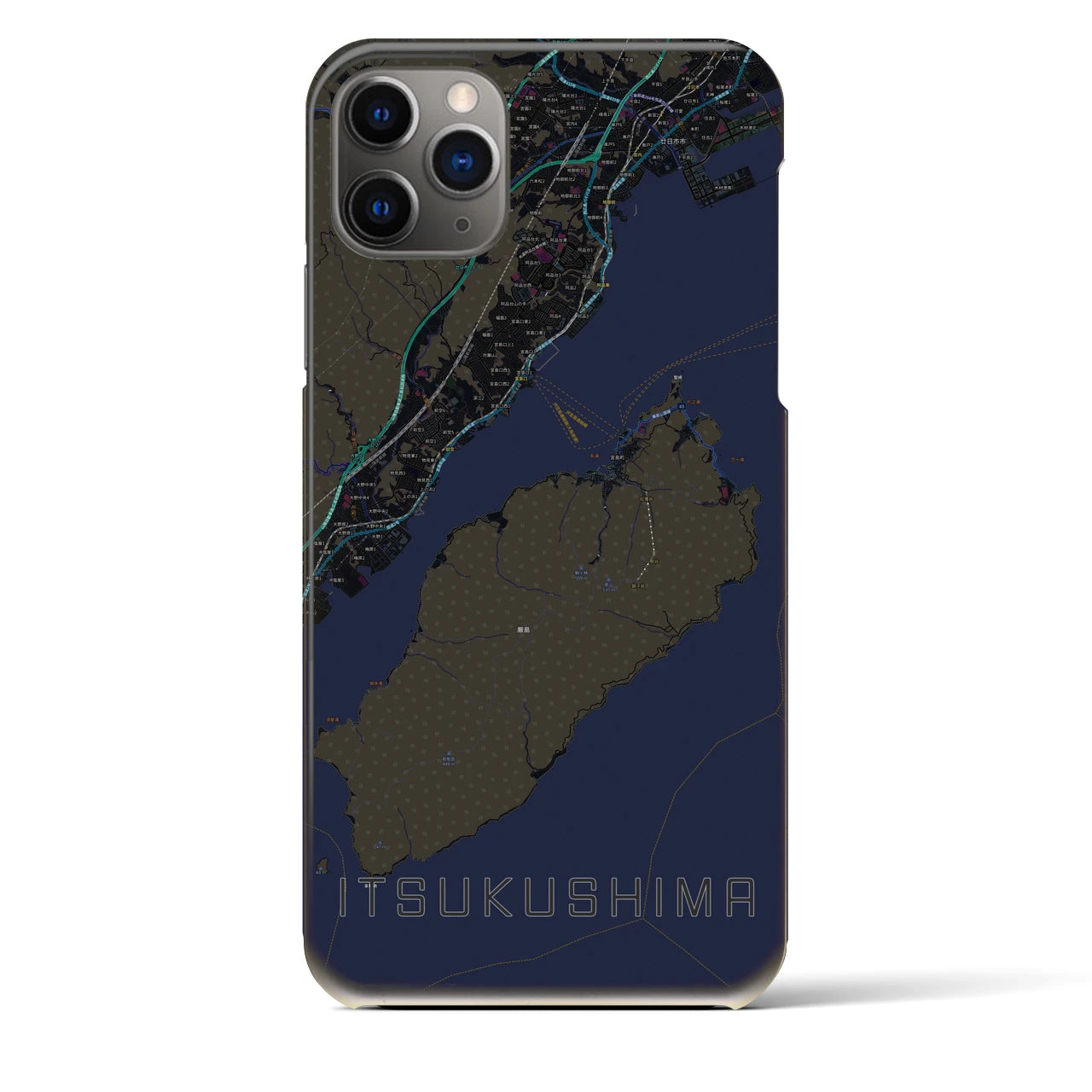 【厳島】地図柄iPhoneケース（バックカバータイプ・ブラック）iPhone 11 Pro Max 用