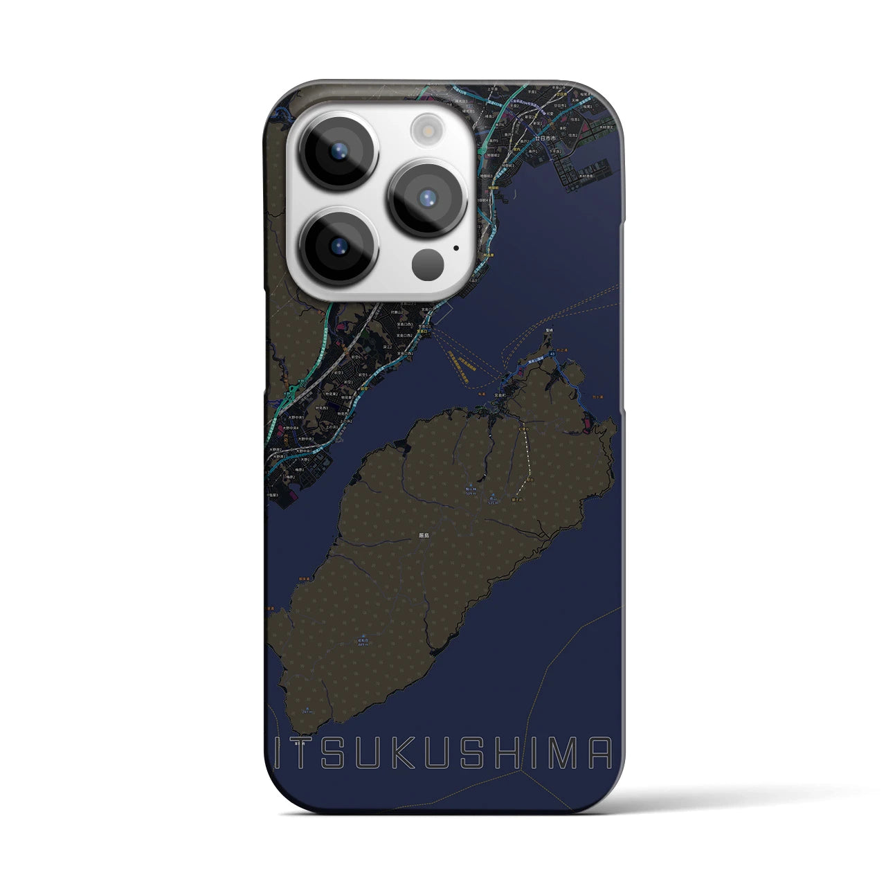 【厳島】地図柄iPhoneケース（バックカバータイプ・ブラック）iPhone 14 Pro 用