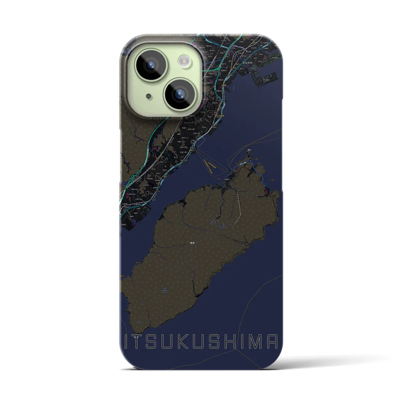【厳島】地図柄iPhoneケース（バックカバータイプ・ブラック）iPhone 15 用