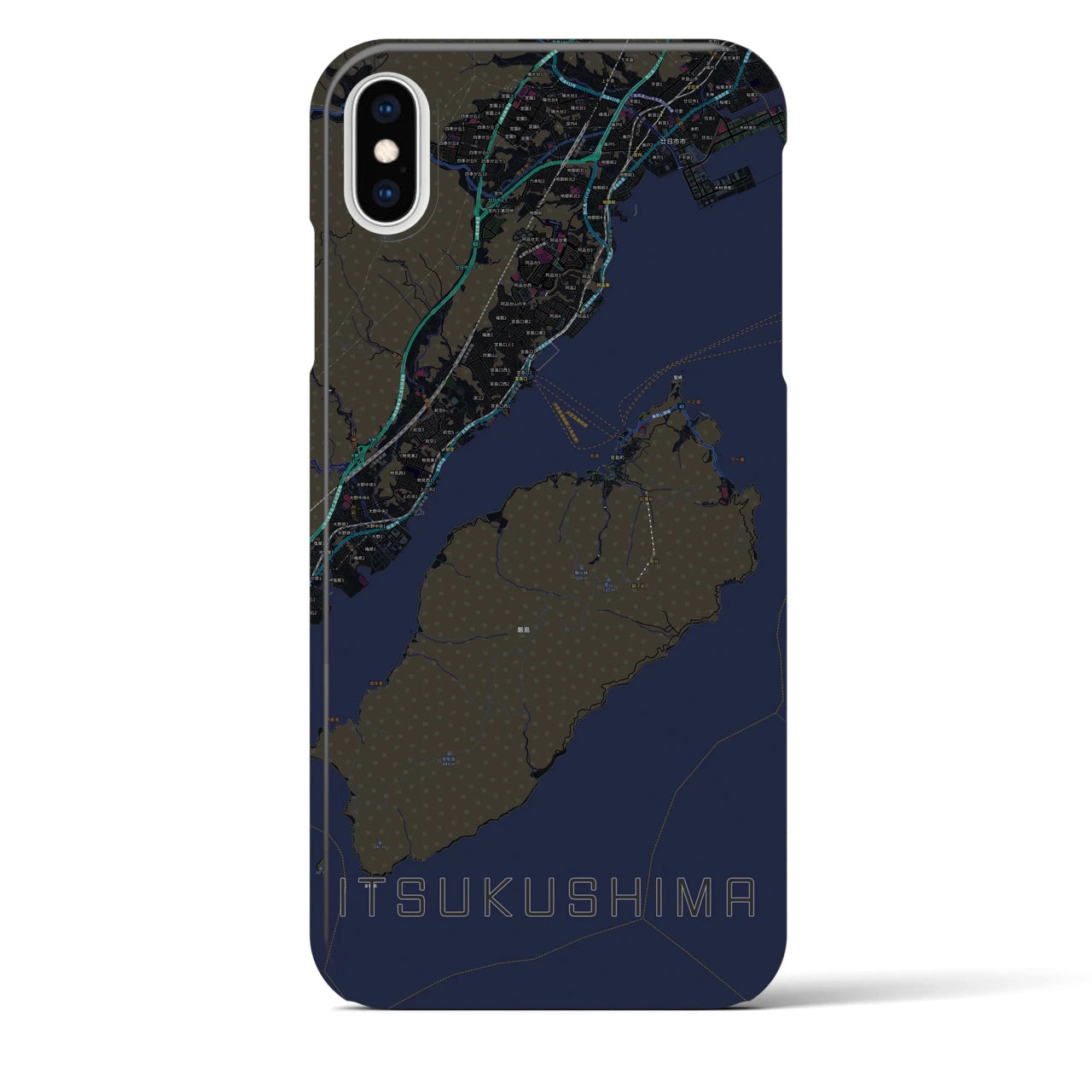 【厳島】地図柄iPhoneケース（バックカバータイプ・ブラック）iPhone XS Max 用