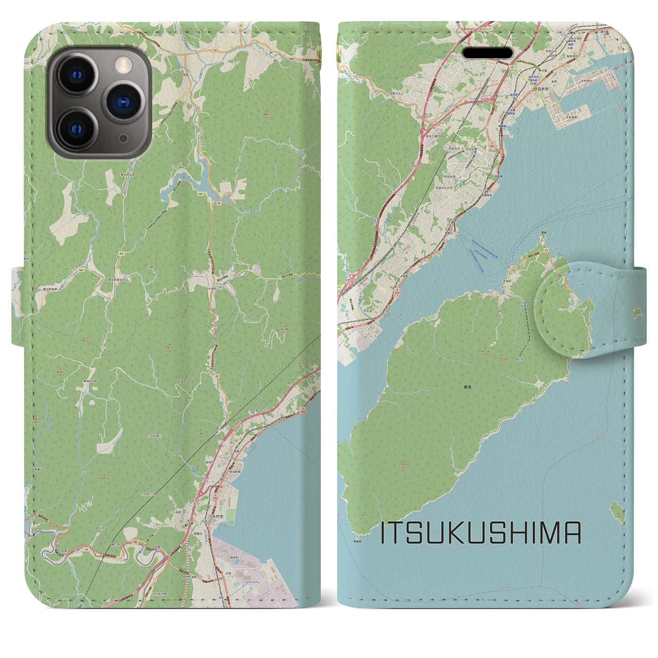 【厳島】地図柄iPhoneケース（手帳両面タイプ・ナチュラル）iPhone 11 Pro Max 用