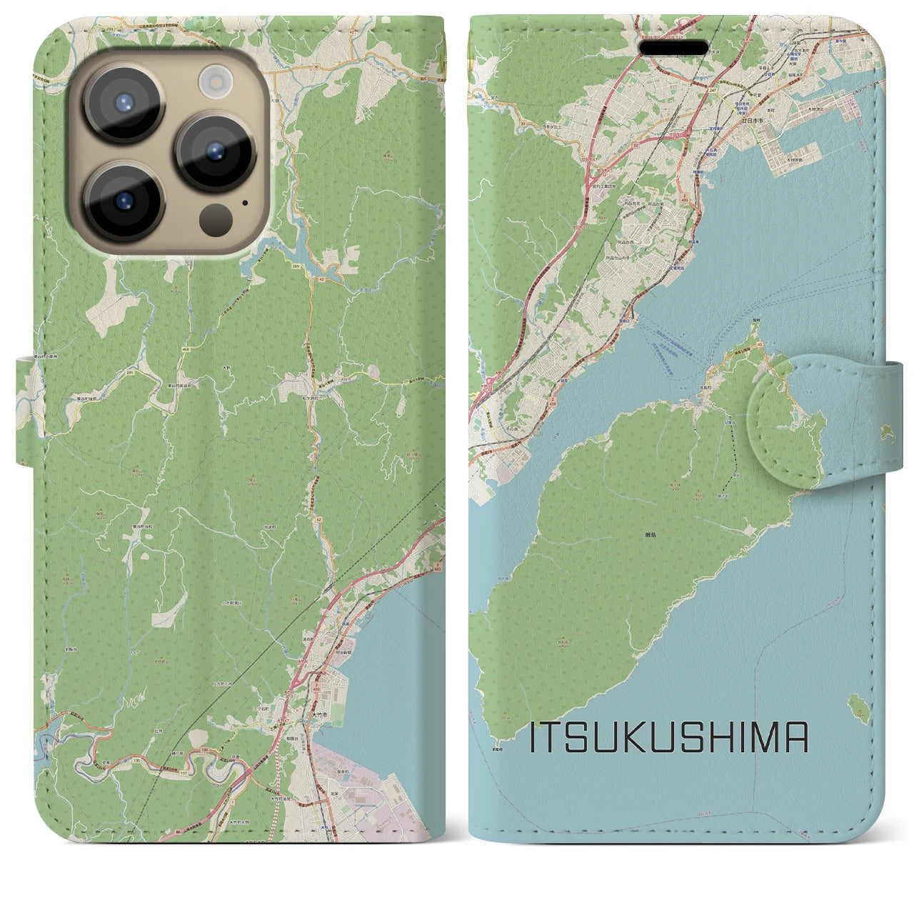 【厳島】地図柄iPhoneケース（手帳両面タイプ・ナチュラル）iPhone 14 Pro Max 用