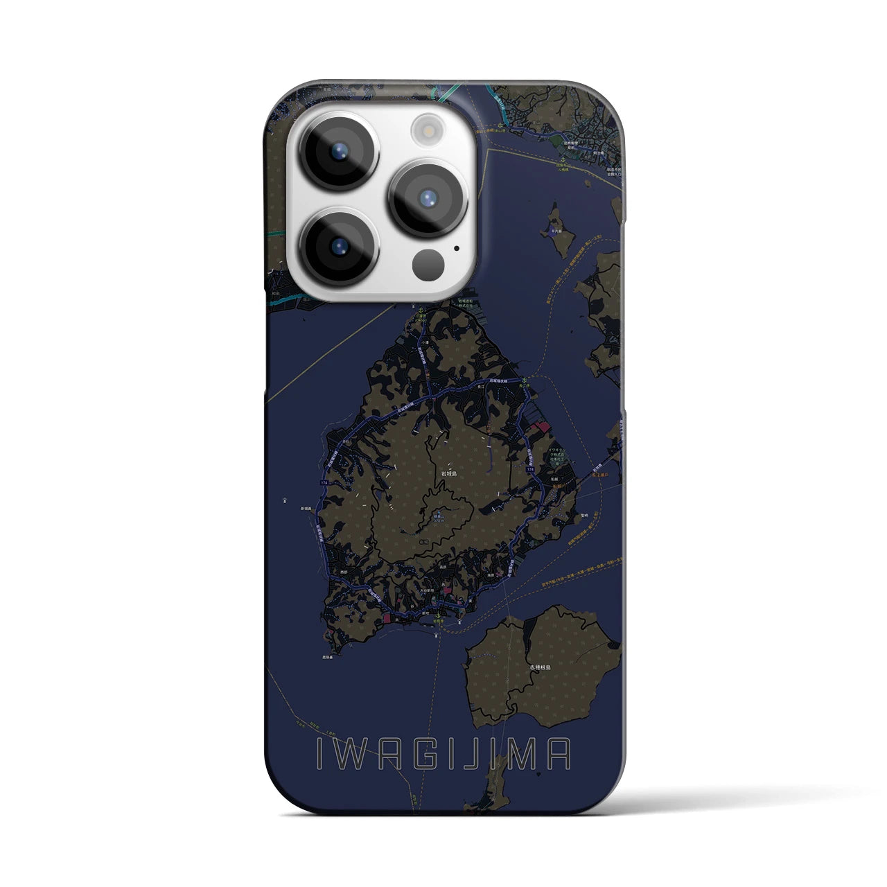 【岩城島】地図柄iPhoneケース（バックカバータイプ・ブラック）iPhone 14 Pro 用