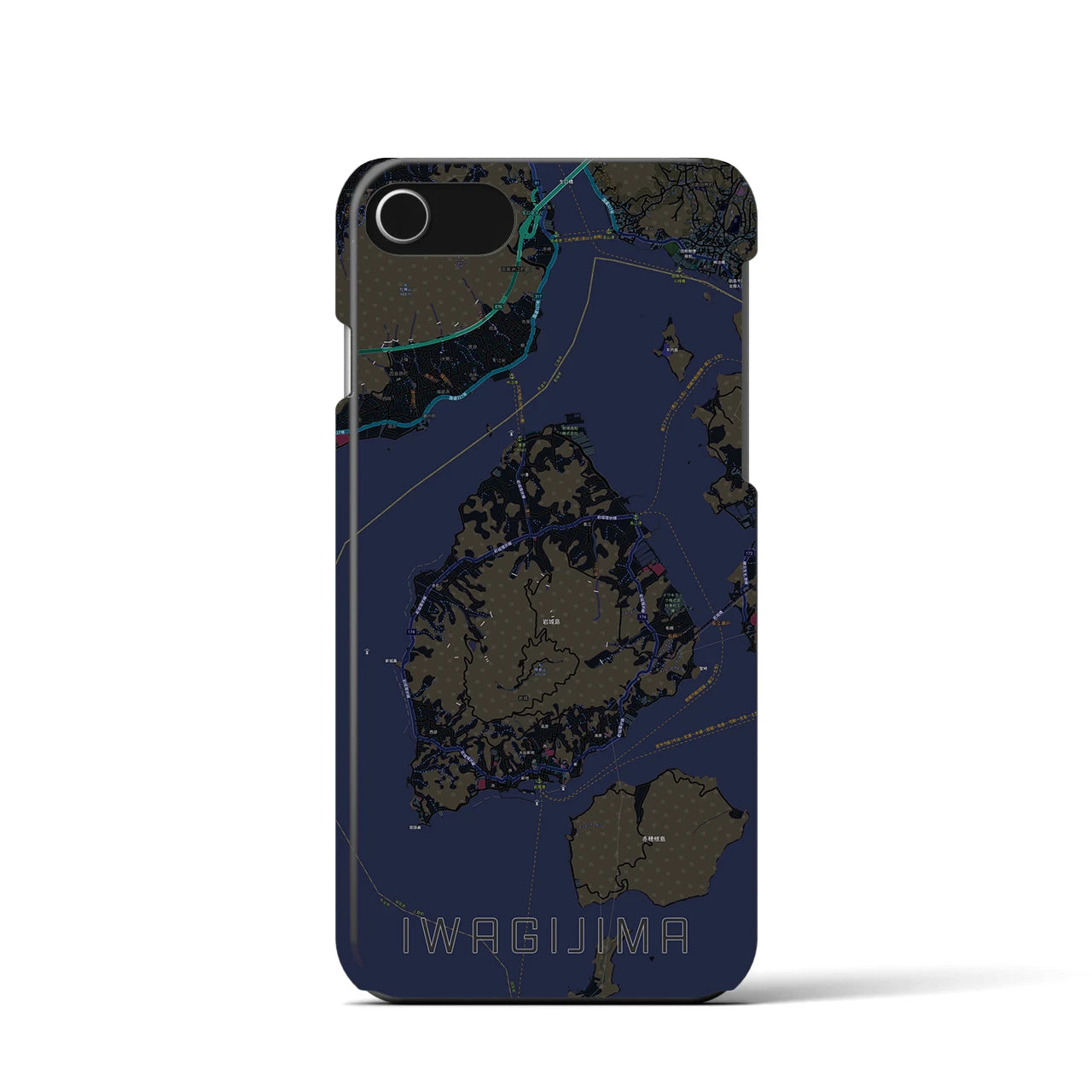 【岩城島】地図柄iPhoneケース（バックカバータイプ・ブラック）iPhone SE（第3 / 第2世代） / 8 / 7 / 6s / 6 用