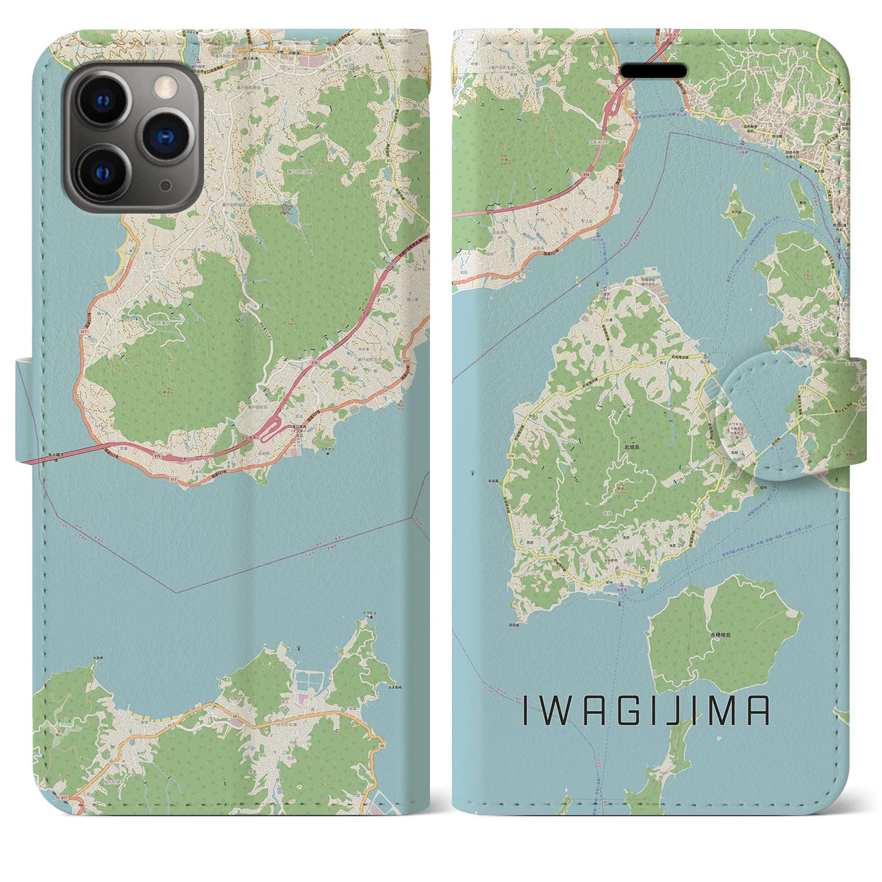 【岩城島】地図柄iPhoneケース（手帳両面タイプ・ナチュラル）iPhone 11 Pro Max 用