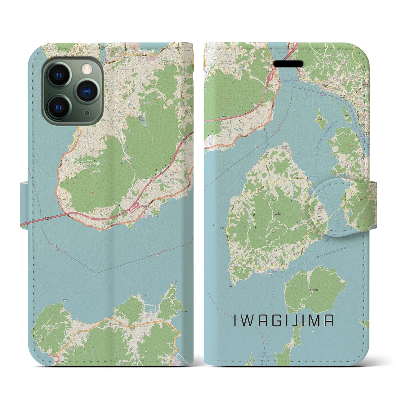 【岩城島】地図柄iPhoneケース（手帳両面タイプ・ナチュラル）iPhone 11 Pro 用