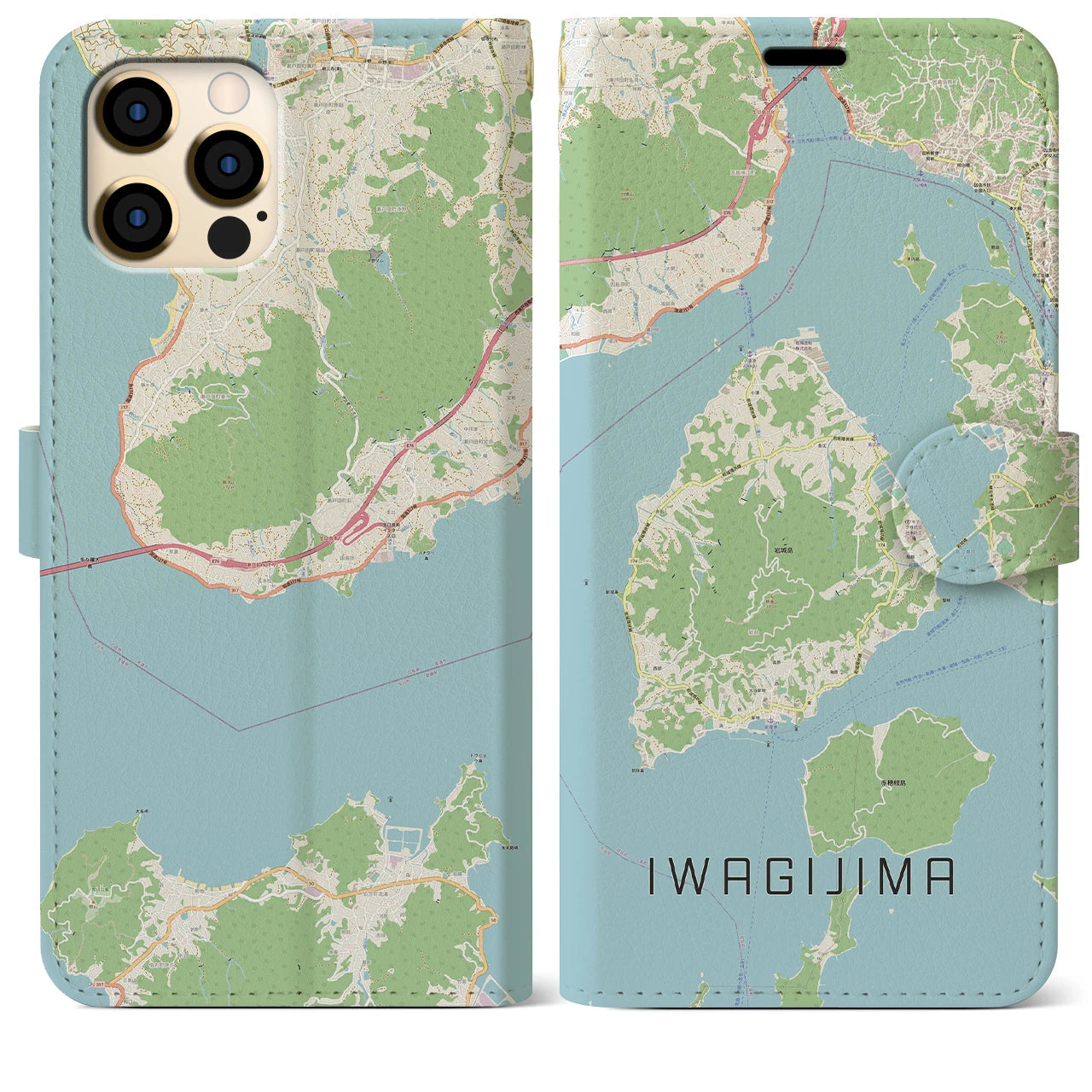 【岩城島】地図柄iPhoneケース（手帳両面タイプ・ナチュラル）iPhone 12 Pro Max 用