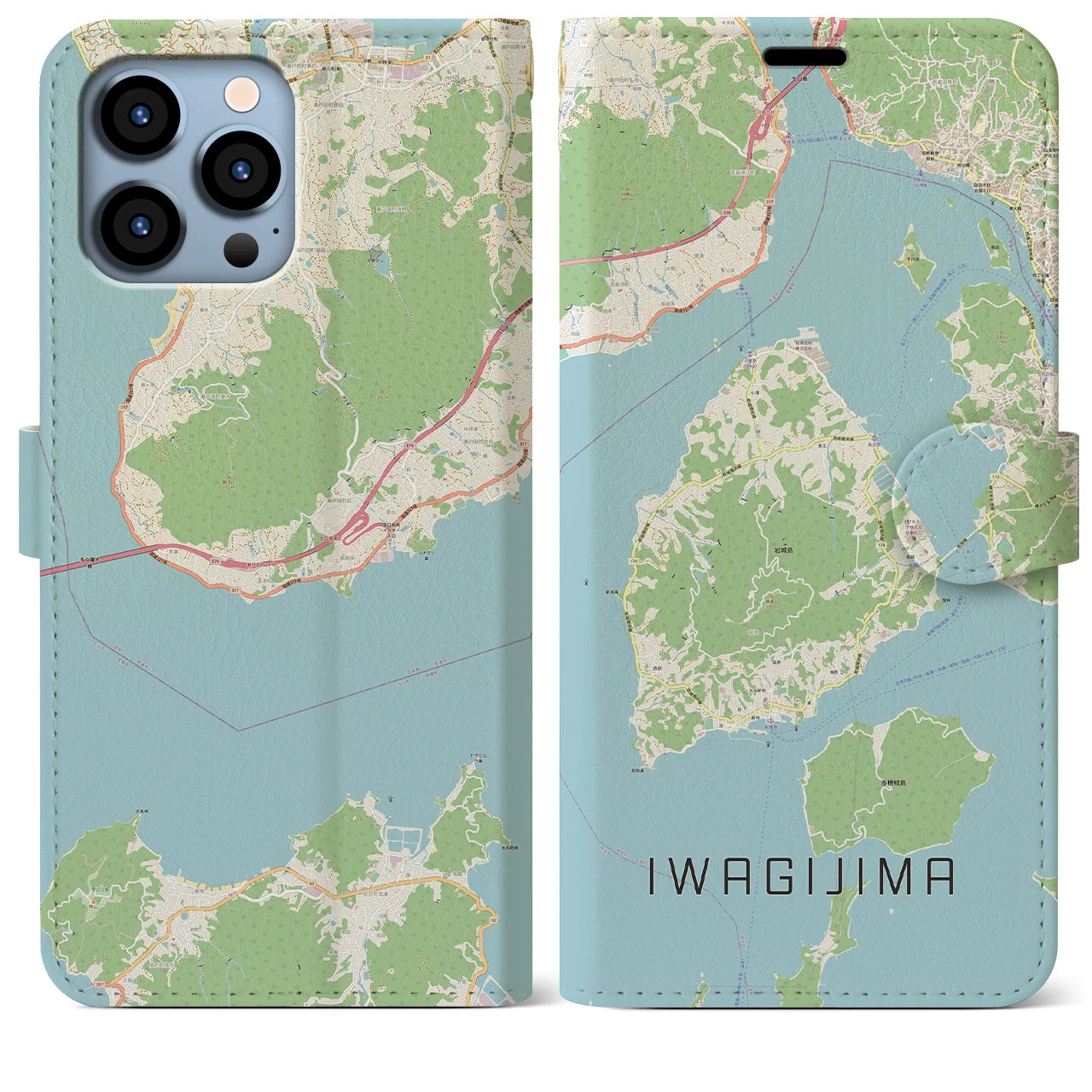 【岩城島】地図柄iPhoneケース（手帳両面タイプ・ナチュラル）iPhone 13 Pro Max 用