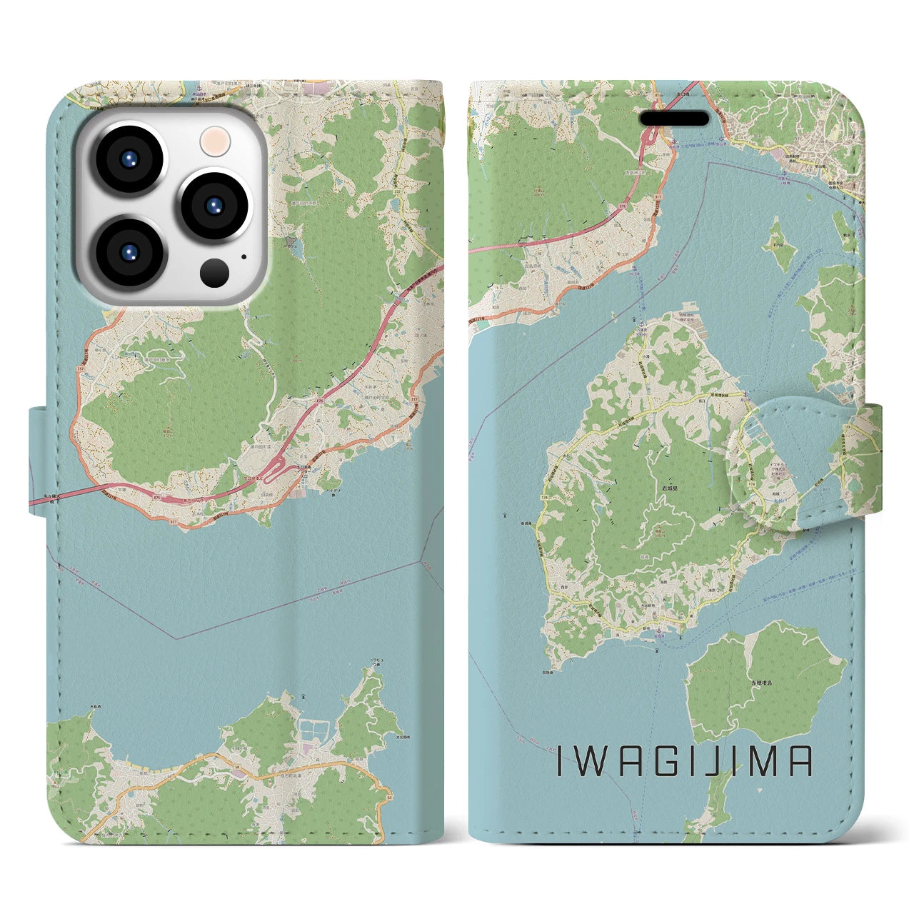 【岩城島】地図柄iPhoneケース（手帳両面タイプ・ナチュラル）iPhone 13 Pro 用
