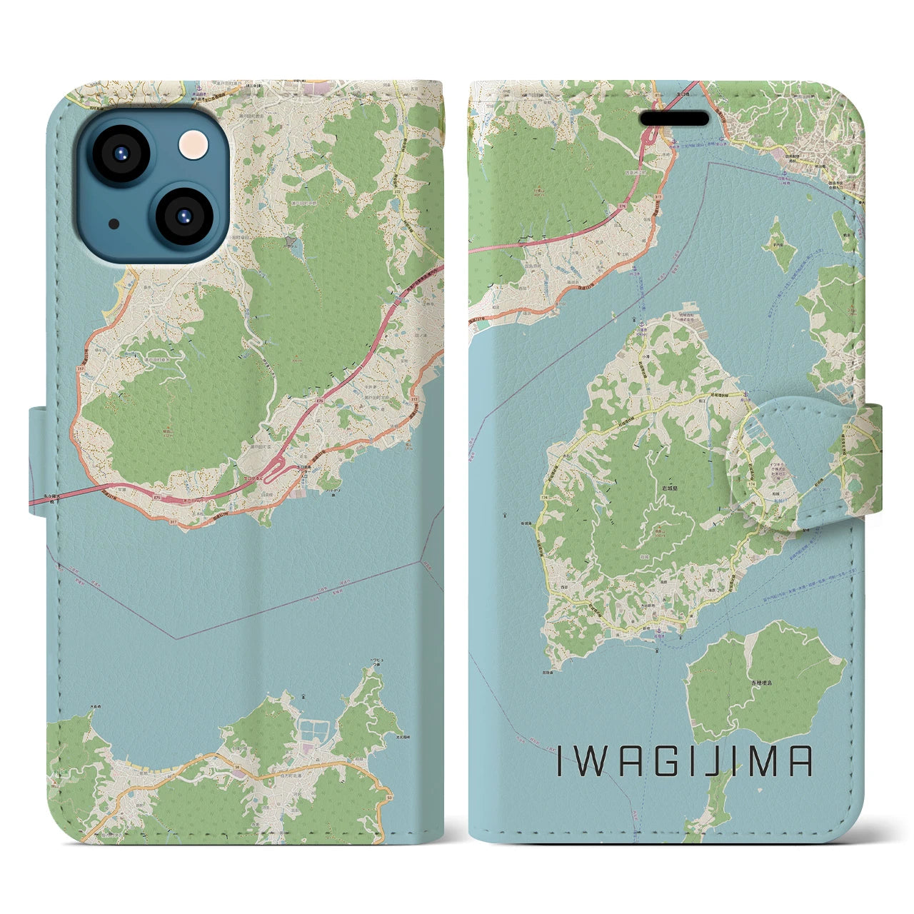 【岩城島】地図柄iPhoneケース（手帳両面タイプ・ナチュラル）iPhone 13 用