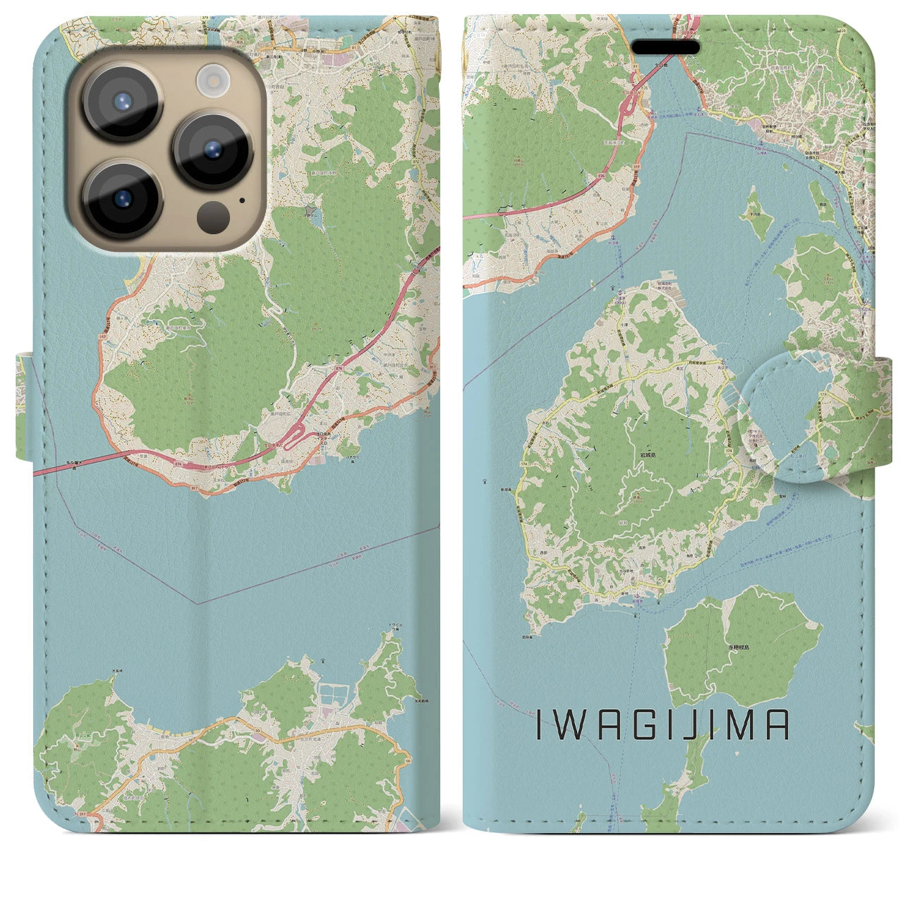【岩城島】地図柄iPhoneケース（手帳両面タイプ・ナチュラル）iPhone 14 Pro Max 用