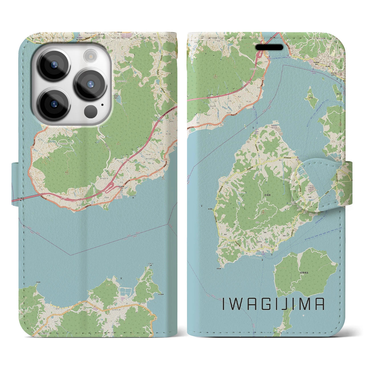 【岩城島】地図柄iPhoneケース（手帳両面タイプ・ナチュラル）iPhone 14 Pro 用