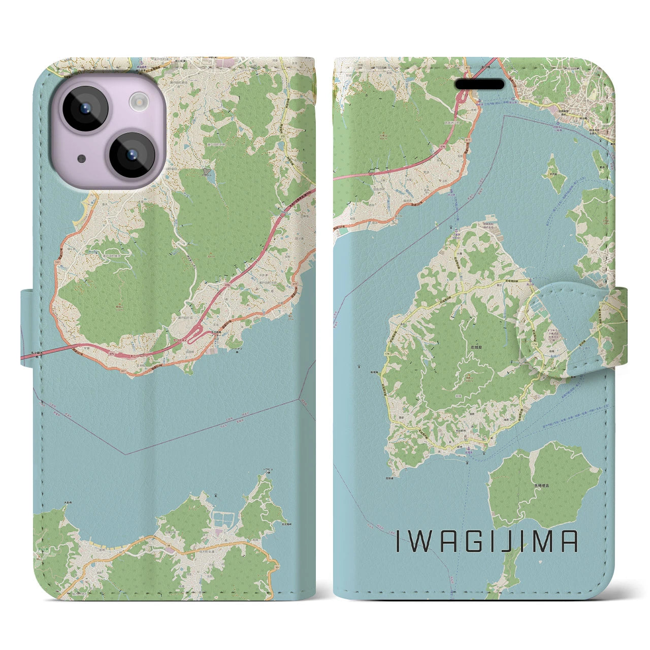 【岩城島】地図柄iPhoneケース（手帳両面タイプ・ナチュラル）iPhone 14 用