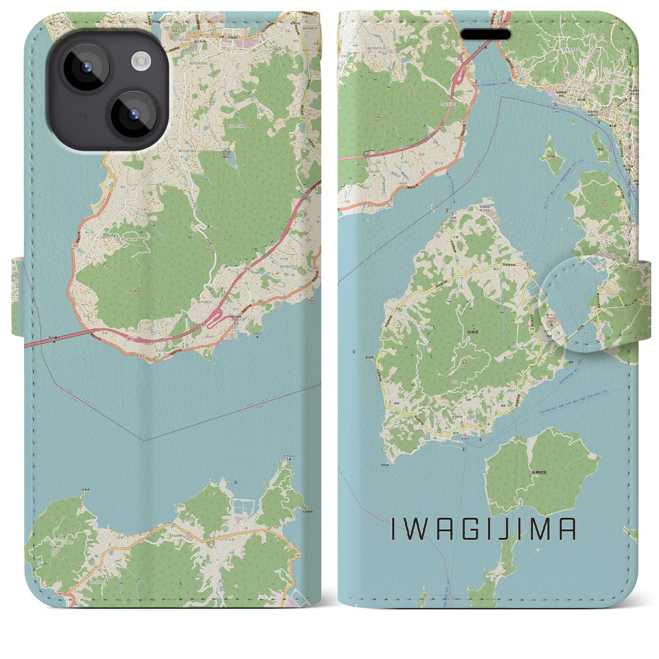 【岩城島】地図柄iPhoneケース（手帳両面タイプ・ナチュラル）iPhone 14 Plus 用