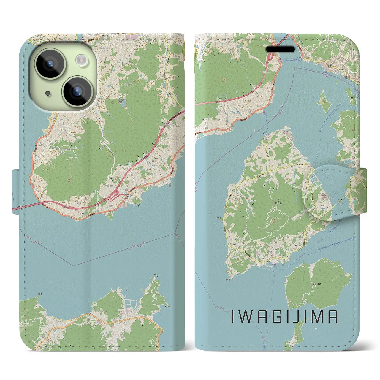 【岩城島】地図柄iPhoneケース（手帳両面タイプ・ナチュラル）iPhone 15 用